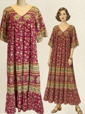 VINTAGE bohemian long maxi dress floral 100% cotton ruffle festival boho hippie